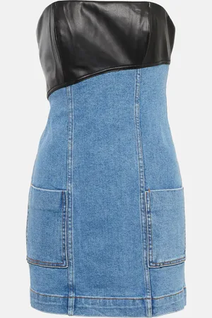 Staud Denim and faux leather minidress