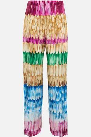 VALENTINO Feather-print wide-leg silk pants