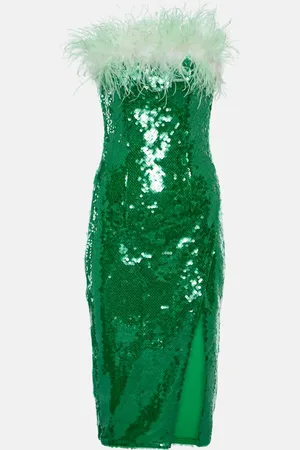 Self-Portrait Feather-trimmed sequined midi dress