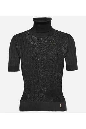 Saint Laurent Ribbed-knit turtleneck silk top