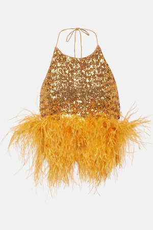Oseree OsÃ©ree Feather-trimmed embellished top