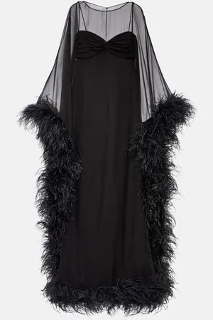 VALENTINO Caped feather-trimmed silk gown