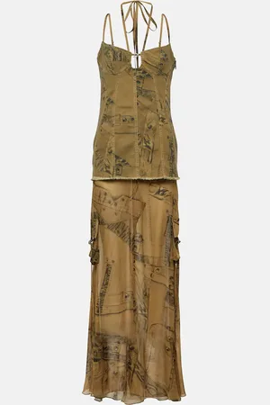 BLUMARINE Printed denim-trimmed gown