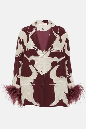 VALENTINO Printed feather-trimmed silk crÃªpe de chine blouse