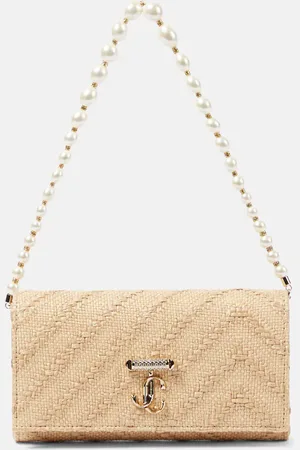Jimmy Choo Avenue pearl-trimmed raffia wallet on chain