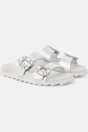 Roger Vivier Crystal-embellished metallic leather slides