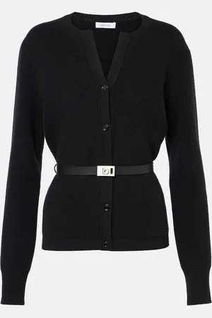 Salvatore Ferragamo Leather-trimmed belted cardigan