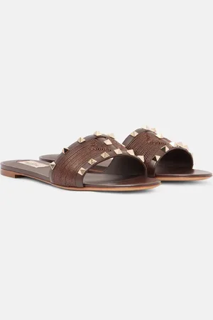 VALENTINO GARAVANI Rockstud leather and raffia slides