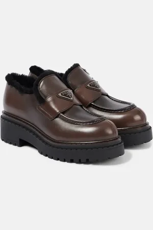 Prada Shearling-lined brushed leather loafers