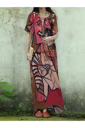 ZANZEA Mujer Maxi - Camiseta con estampado de figuras abstractas en toda la prenda Cuello Maxi de algodón Vestido