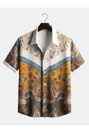 Newchic Hombre Manga corta - Camisas de manga corta con botones y estampado de tótem étnico para hombre