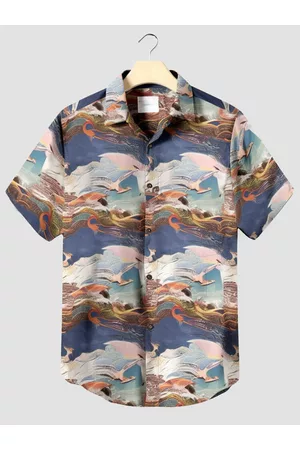 Newchic Hombre Manga corta - Camisas de manga corta con solapa y estampado de aves japonesas para hombre