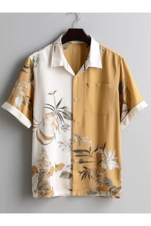 Newchic Hombre Manga corta - Camisas de manga corta para hombre Tropical Planta Print Patchwork Hawaiian Vacation