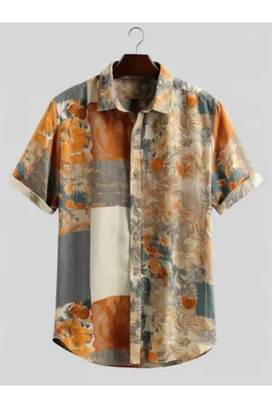 Newchic Hombre Camisas floreadas - Camisas de vacaciones hawaianas con estampado de bloque de color floral para hombre vendimia