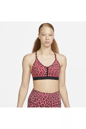 Nike Mujer Ropa deportiva - Bra deportivo con estampado de leopardo, cuello en V y almohadilla de una sola pieza de baja sujeción para mujer Indy