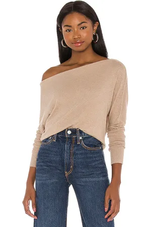 ENZA COSTA Cashmere cuffed off shoulder long sleeve top en color bronce talla L en - Tan. Talla L (también en M).