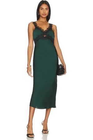 Minkpink Vestido midi con ribetes de encaje erin en color verde oscuro talla L en - Dark Green. Talla L (también en M, XL).