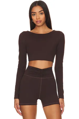 Camila Coelho Haley cropped long sleeve top en color chocolate talla L en - Chocolate. Talla L (también en M).