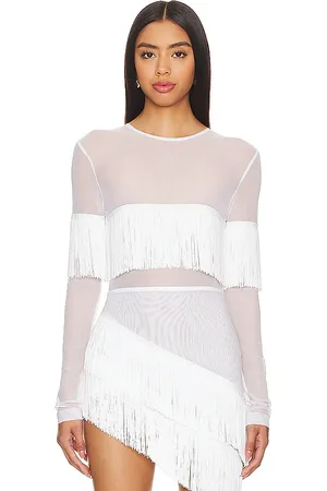 Norma Kamali Long sleeve crewneck fringe top en color blanco talla L en - White. Talla L (también en M, S).