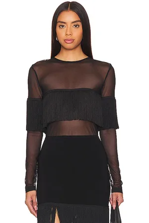 Norma Kamali Long sleeve crewneck fringe top en color talla M en - Black. Talla M (también en S).