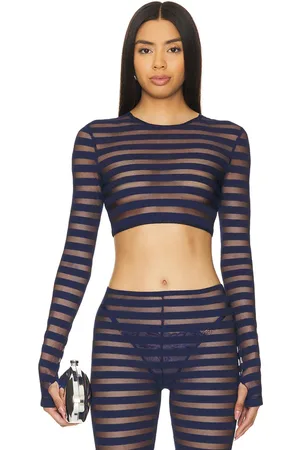 Norma Kamali Cropped long sleeve crewneck top en color azul marino talla M en - Navy. Talla M (también en S, XS).