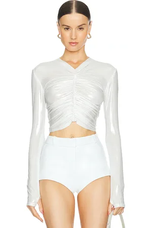 Norma Kamali Long sleeve v neck shirred front top en color blanco talla L en - White. Talla L (también en S, XS).