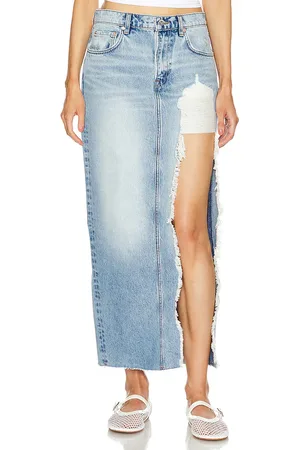 GRLFRND Falda larga con abertura alta blanca en color denim claro talla 23 en - Denim-Light. Talla 23 (también en 24, 25).