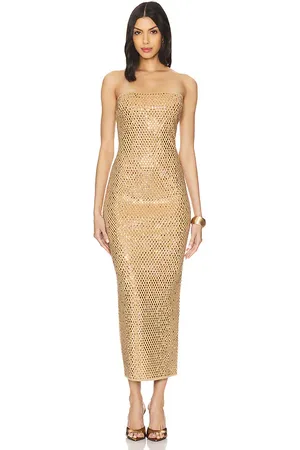 Retrofete Vestido boa en color oro metálico talla M en - Metallic Gold. Talla M (también en L, S).