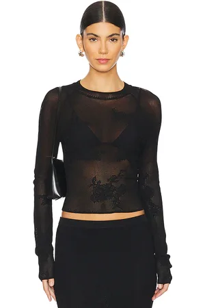 FLEUR DU MAL Lace pointelle long sleeve top en color talla L en - Black. Talla L (también en M, S, XS).