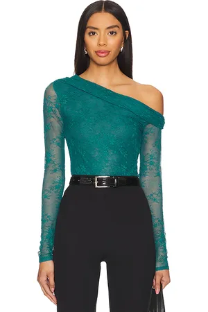AFRM Top de un solo hombro con manga larga. barry lace en color azul cerceta talla 1X en - Teal. Talla 1X (también en L, M, XL, XS, XXL).