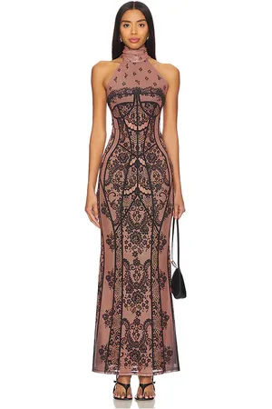 AFRM Vestido largo con cuello simulado arlette en color bronce talla L en - Tan. Talla L (también en M, XL, XXL).