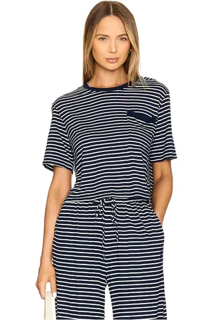MONROW Stripe crop pocket tee en color azul marino talla M en - Navy. Talla M (también en S).