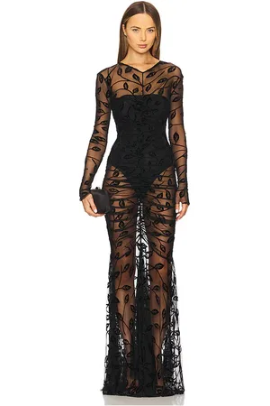 Norma Kamali Vestido de fiesta con cola de pez y parte delantera fruncida, cuello en v y manga larga en color negro talla L en