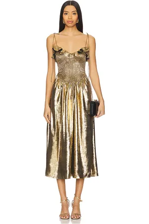 For Love & Lemons Vestido midi bethany en color oro metálico talla M en - Metallic Gold. Talla M (también en S, XS).