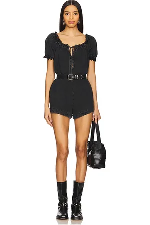 Free People Mameluco de mezclilla estilo babydoll we the free daisy en color negro talla L en - Black. Talla L (también en M