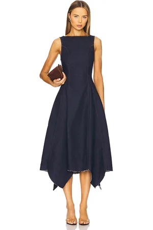 EB DENIM Vestido largo con escote barco cara en color azul talla L en - Blue. Talla L (también en M, S, XS).