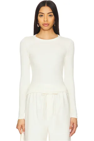ENZA COSTA Camiseta de manga larga con cuello redondo y canalé en color crema talla L en - Cream. Talla L (también en M, XS).