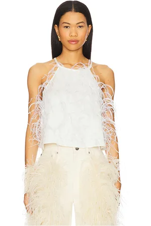LAPOINTE Camisola halter de satén con plumas en color ivory talla L en - Ivory. Talla L (también en M, S, XS).
