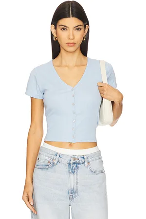 Goldie Estelle Cárdigan de manga corta de punto pointelle en color bebe azul talla M en - Baby Blue. Talla M (también en XL, XS).