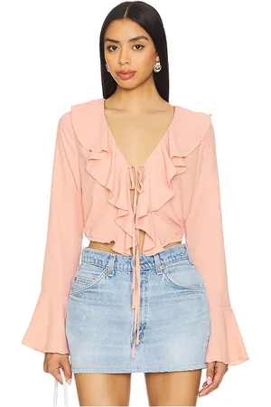 MORE TO COME Denise ruffle tie top en color rosado talla L en - Pink. Talla L (también en M, S, XS, XXS).
