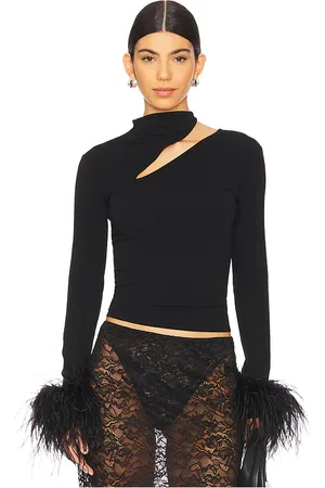 LAPOINTE Top asimétrico con plumas en color talla L en - Black. Talla L (también en M, S).