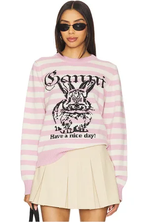 Ganni Suéter con gráfico de conejito a rayas en color pink,ivory talla L en - Pink,Ivory. Talla L (también en M, S, XS).