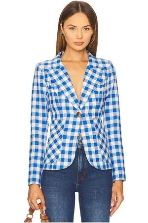 SMYTHE Blazer duquesa con bolsillo de parche. en color azul talla 0 en Marine Check W/ Whiskey Leather Patches - Blue. Talla 0 (también en 10
