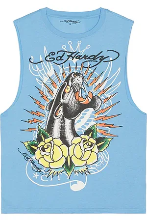 ED HARDY Panther roses cutoff tee en color bebe azul talla L en - Baby Blue. Talla L (también en M, S, XL/1X).