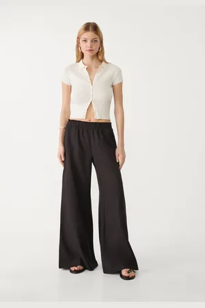 Stradivarius Pantalón palazzo fluido con lino 30