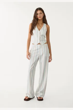 Stradivarius Pantalón recto fluido con lino rayas 30