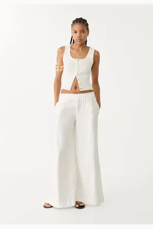 Stradivarius Pantalón palazzo fluido con lino 30