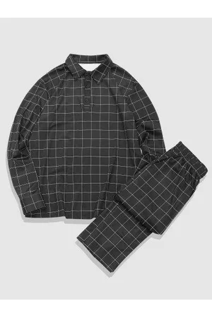 Zaful Hombre Casual - Grid Print Turn Down Collar T-shirt and Casual Pants Set