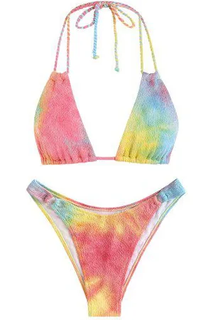 Zaful Tie Dye Crinkle Upside Down O-ring Textured Bikini Swimwear