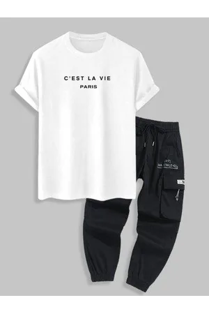 Zaful C'EST LA VIE Letter Printed Casual T-shirt and Techwear Cargo Ninth Pants Set